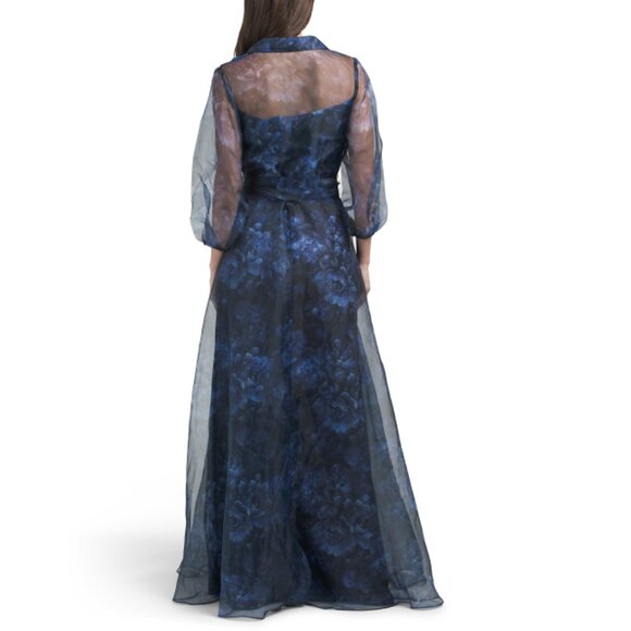 RENE BY RENE RUIZ Navy Long Sleeve Organza Floral Shirt Gown - Picture 2 of 2